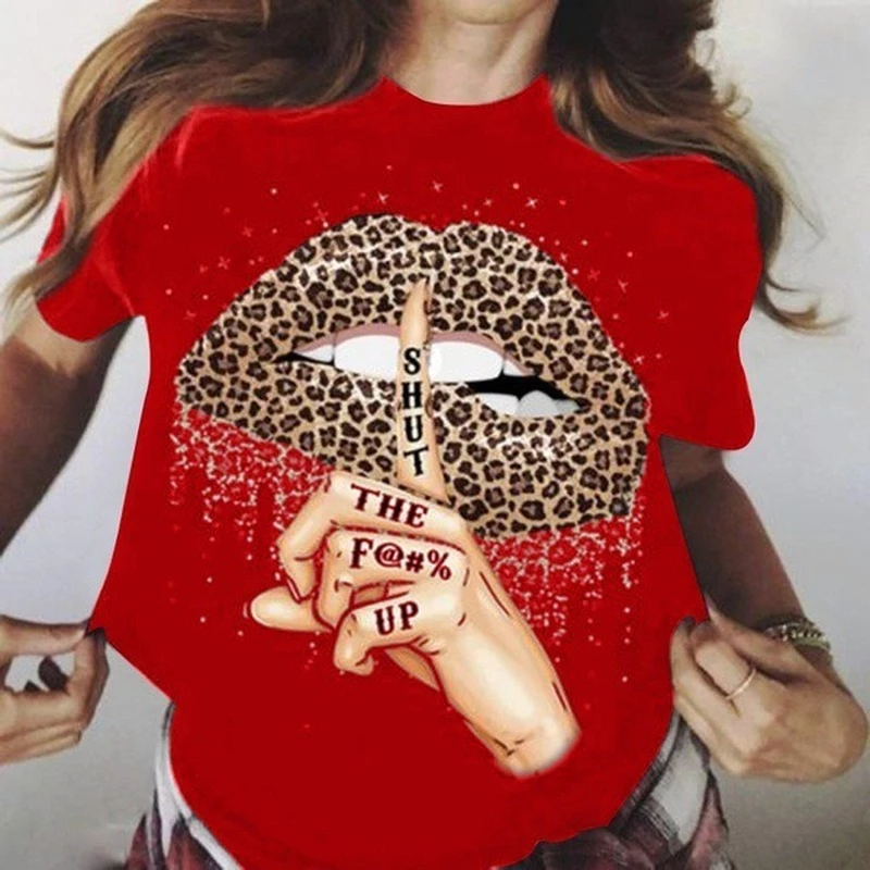 Leopard Lip Shut Up Print T Shirt Women Short Sleeve O Neck Loose Tshirt Summer Women Tee Shirt Tops Camisetas Mujer